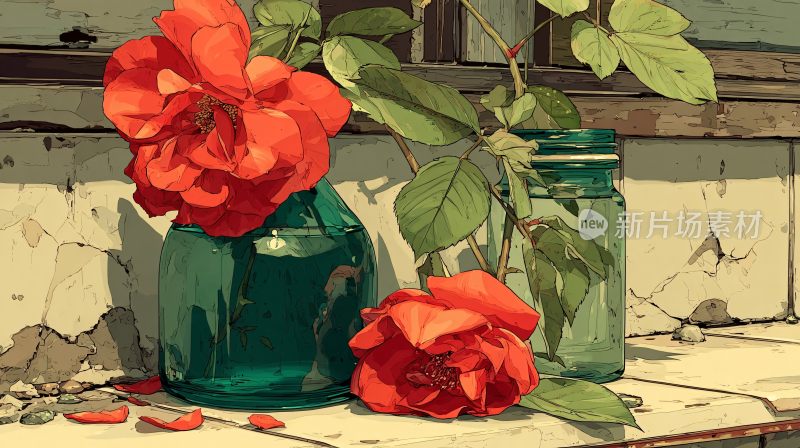 窗边花瓶中的红色玫瑰