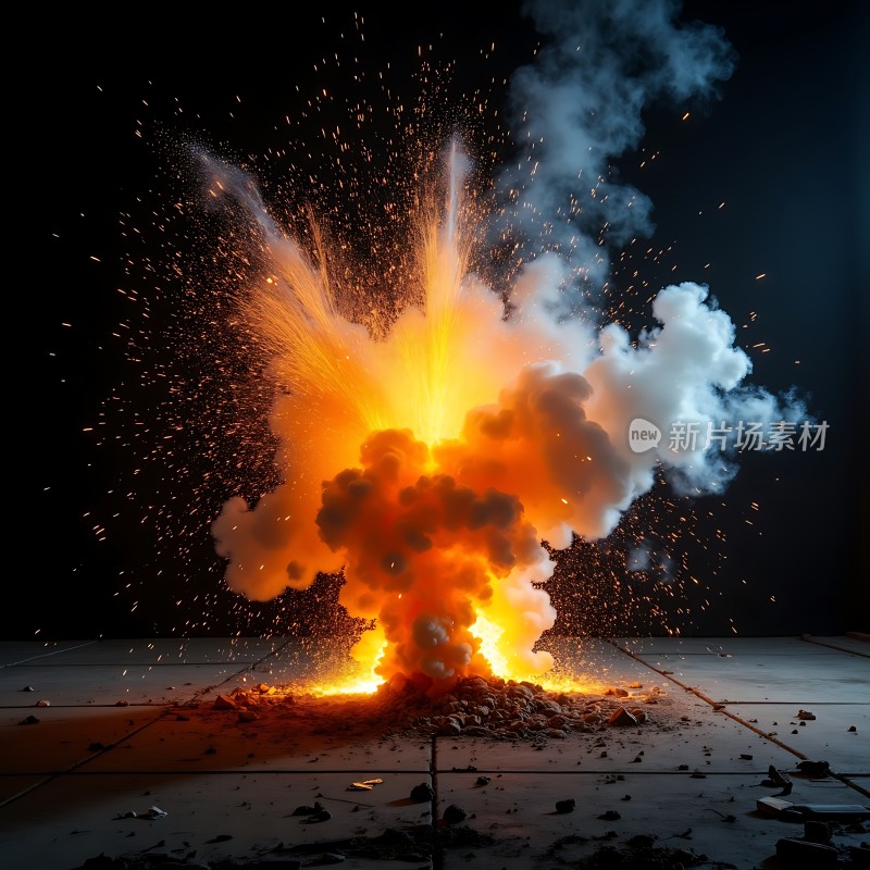 爆炸现场火光冲天烟雾弥漫碎片四散