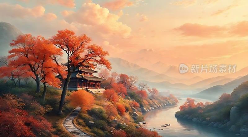 秋日古亭映红枫