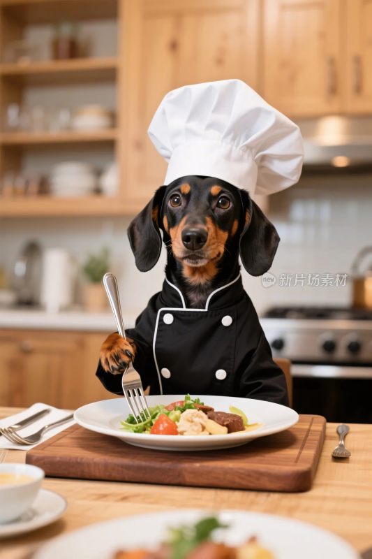 戴厨师帽的狗狗做饭图