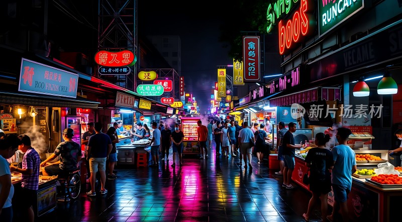 霓虹灯下的夜市繁华景象