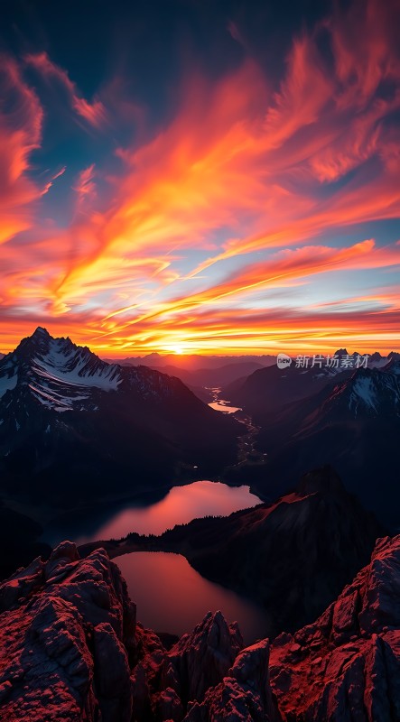 日落下的雪山湖泊