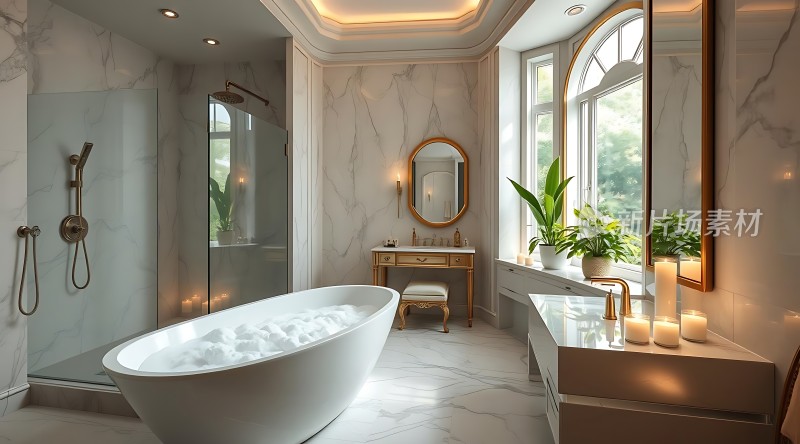 大理石浴室奢华浴缸与淋浴房优雅洗手台