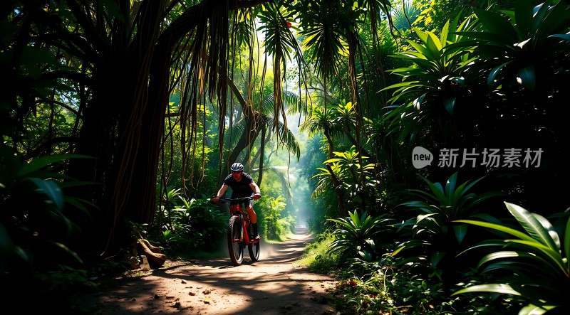 骑行者穿越绿色丛林探险之旅