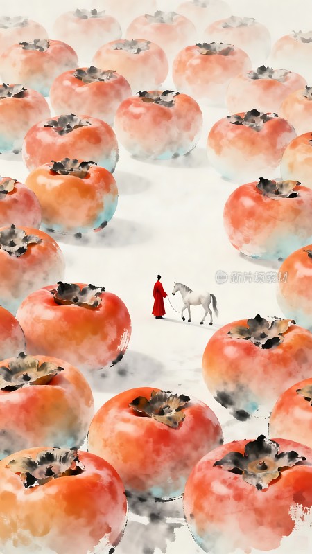 柿子林中漫步的红衣人