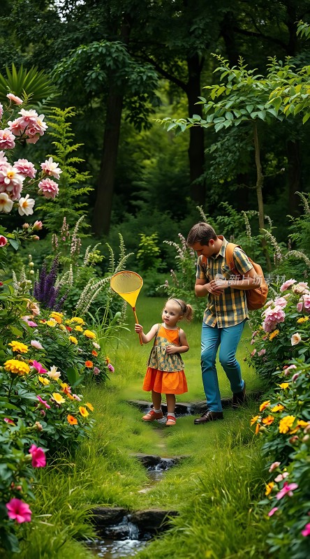 父女共赏花园美景