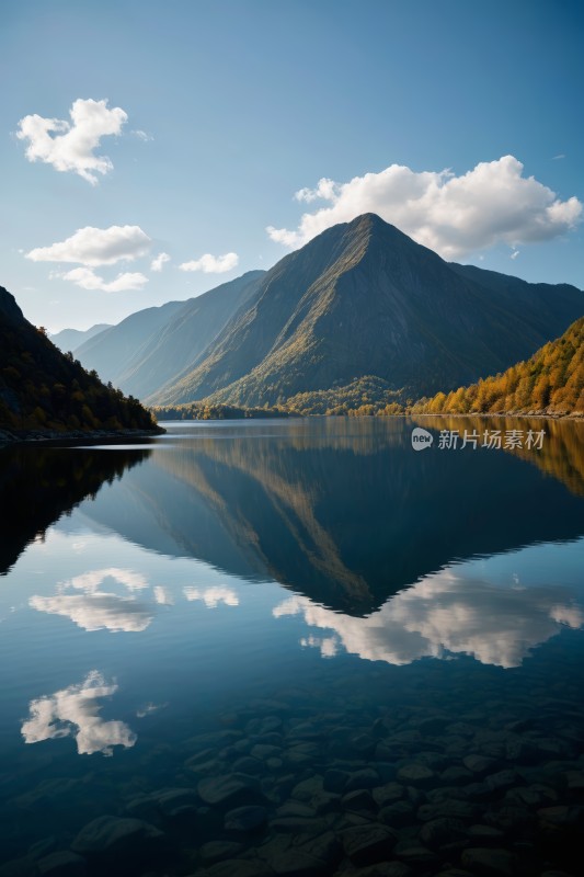 山倒映在湖的静水中高清图片