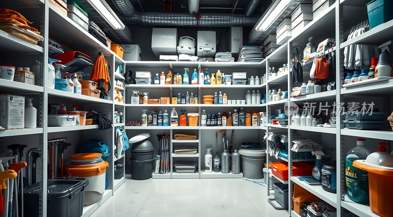 整洁有序的清洁用品仓库
