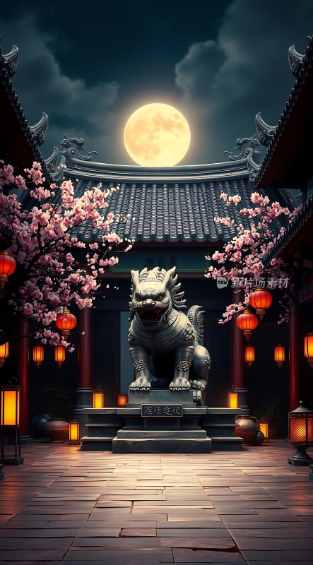 古寺夜月石狮守护灯笼高挂樱花盛开