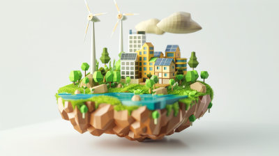 3D卡通风格环保主义的绿色天空之城