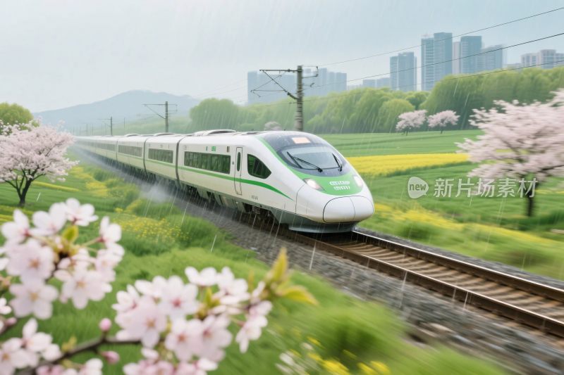 高速列车穿樱花风景