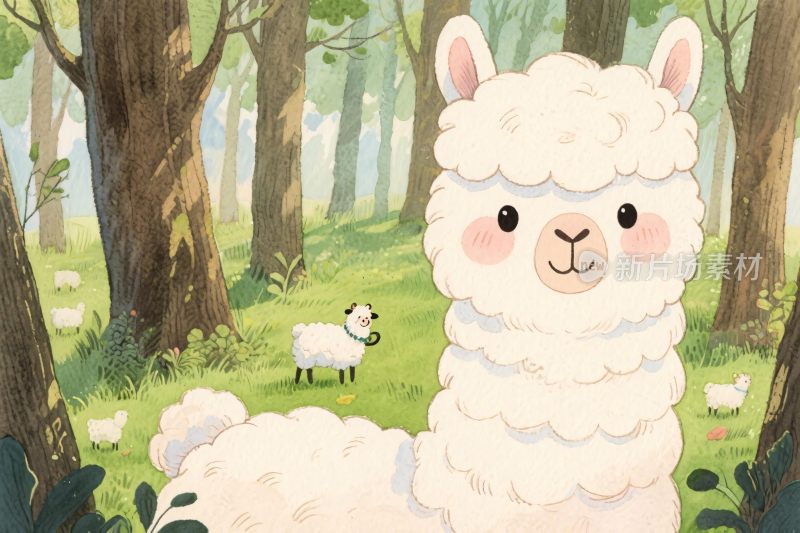 卡通羊驼森林插画
