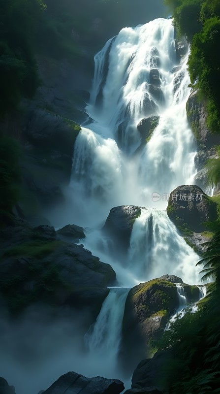 瀑布飞流直下绿树环绕阳光洒落自然美景令人陶醉