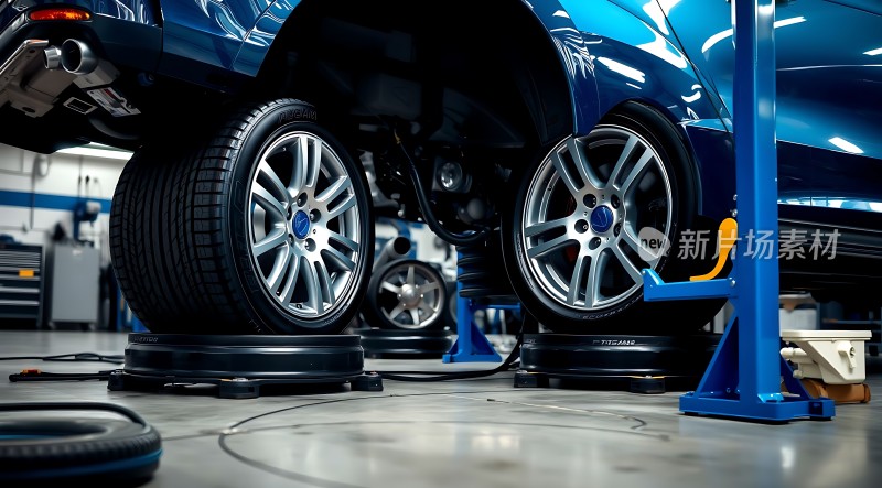 车间内蓝色汽车正在维修中