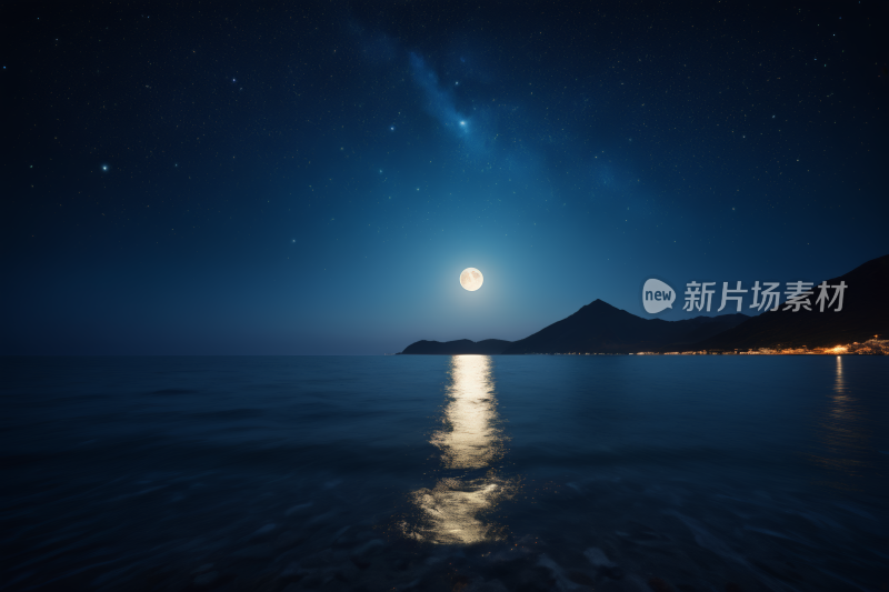 夜景满月海上高山清图片