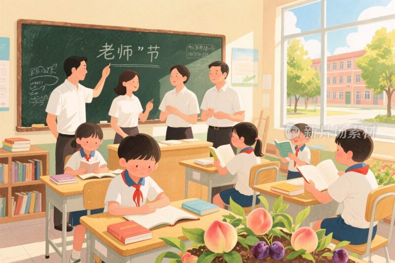 教师节教室师生插画
