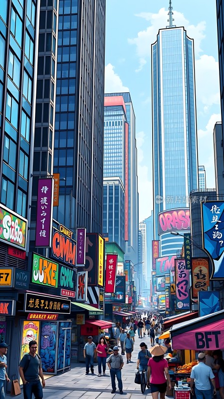 繁华都市街头高楼林立人群熙攘霓虹闪烁