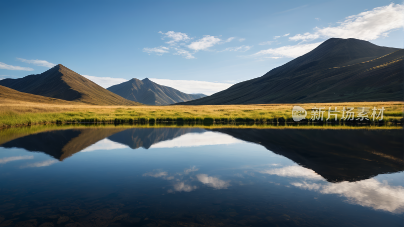 山倒映在草和水的湖泊中风景图片