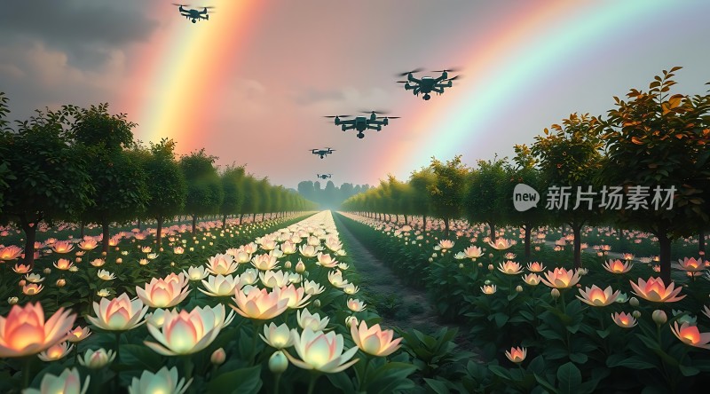 无人机飞越梦幻荷花田