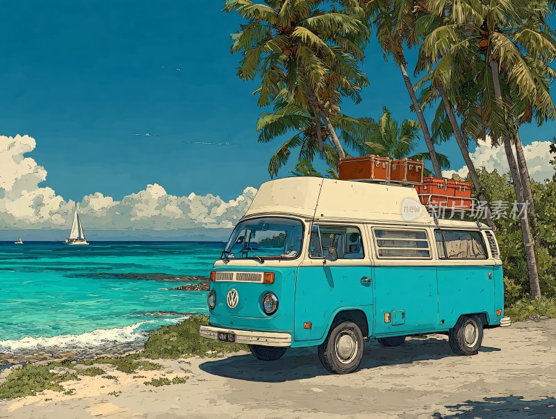 海边的蓝白复古大众露营车