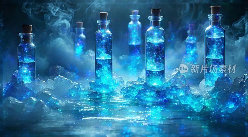 蓝色魔法药水瓶与冰晶