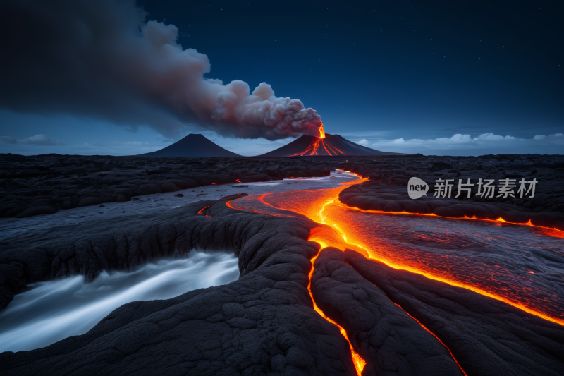 熔岩流入一条山的河流风光风景图片