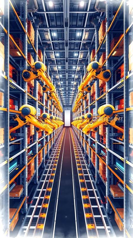 智能仓库黄色机械臂与橙色货架的结合