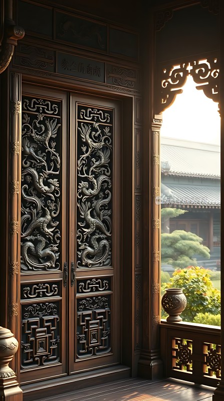 古韵木门映斜阳雕龙画凤显华章