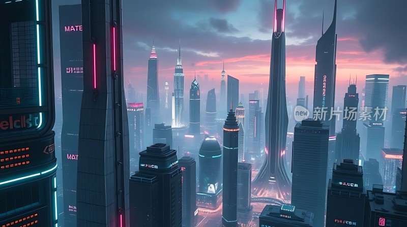 未来都市夜景霓虹闪烁的高楼大厦