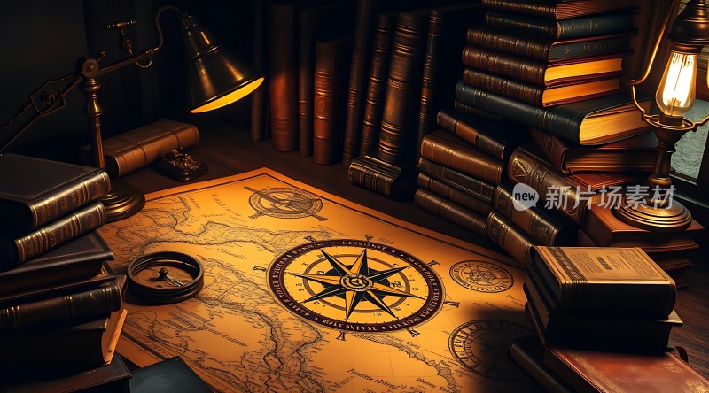探险家书桌上的古老地图和指南针