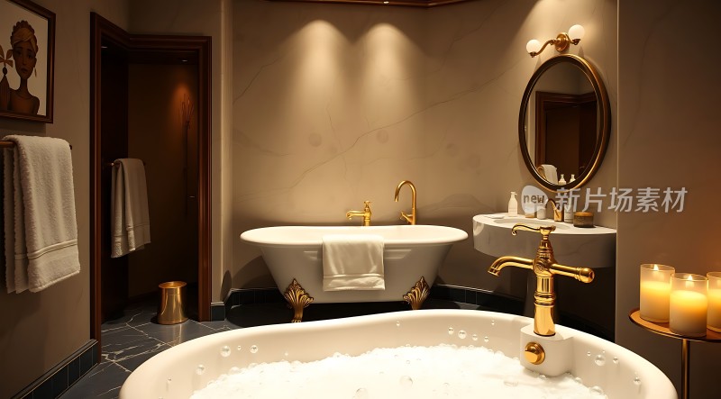 金色浴室奢华浴缸与洗手台温馨灯光下的舒适空间