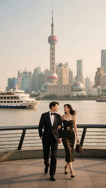 上海外滩浪漫夜景情侣携手漫步