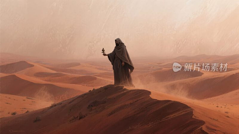 沙漠中孤身站立的黑袍人物