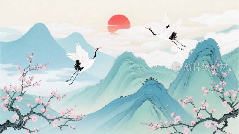 山水间飞鹤与红日美景