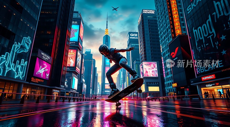 滑板少年与霓虹都市