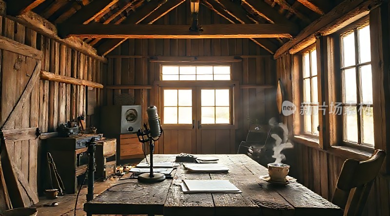 阳光下的古老木屋温暖而宁静