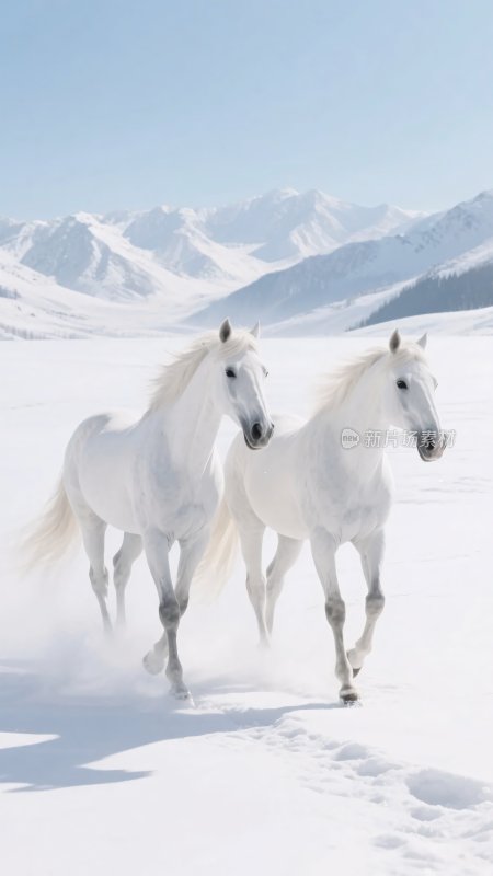 雪地中两匹白马奔腾