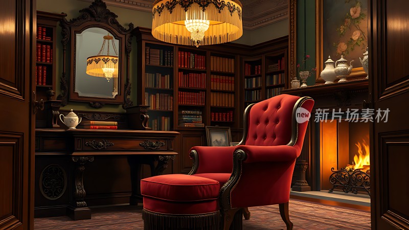 豪华书房红色沙发椅壁炉与书架