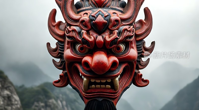 红色狻猊面具威武雄壮背景为山峦叠嶂