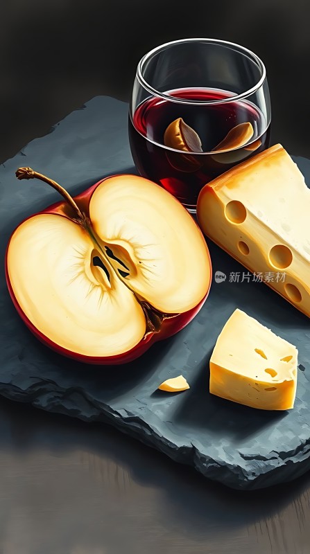 苹果、红酒和奶酪的艺术拼盘