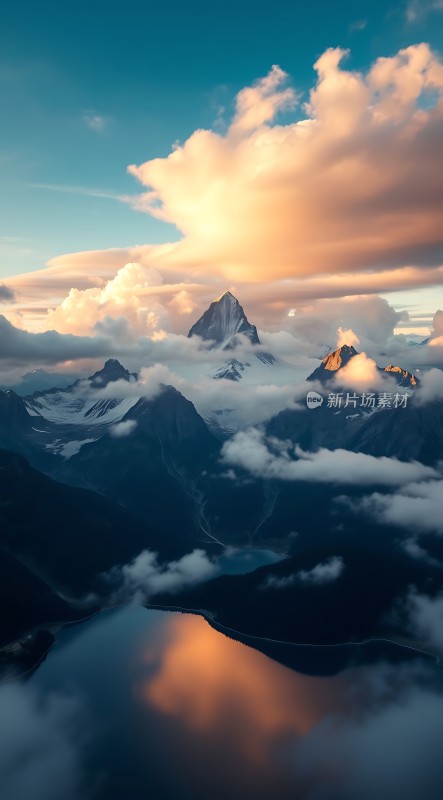 日出云海映山峰静谧湖泊显宁静