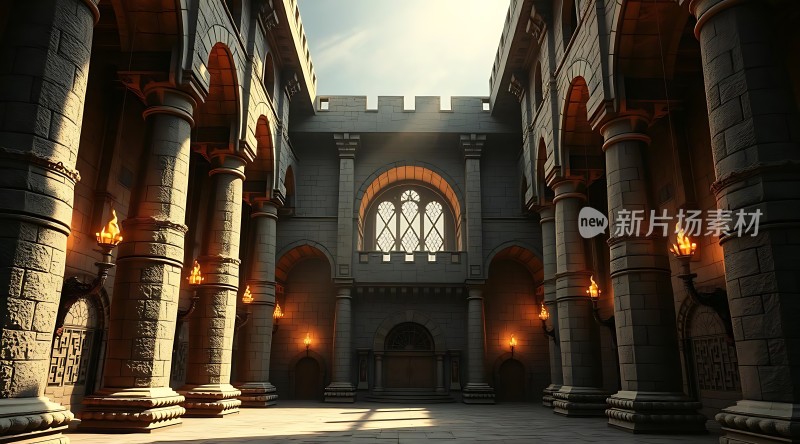 古堡大厅光影交错神秘而庄严