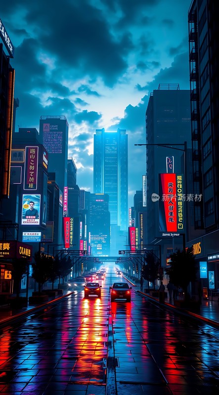 霓虹灯下的城市街道