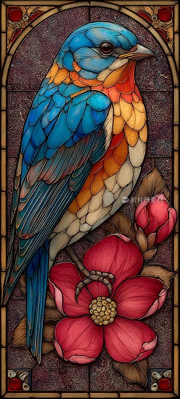 彩色小鸟栖于花朵插画