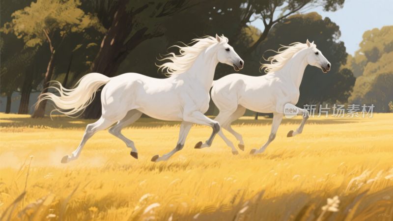 两匹白马在草地奔腾