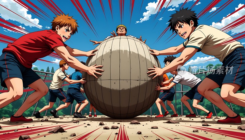 少年们合力推动巨大球体