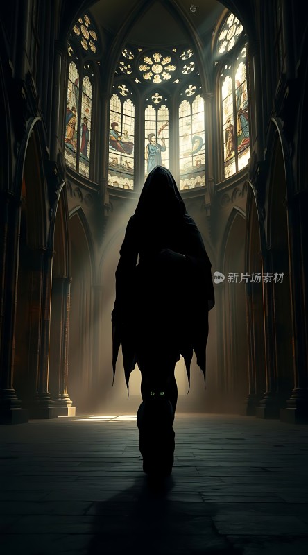 神秘教堂中的暗影使者与黑猫