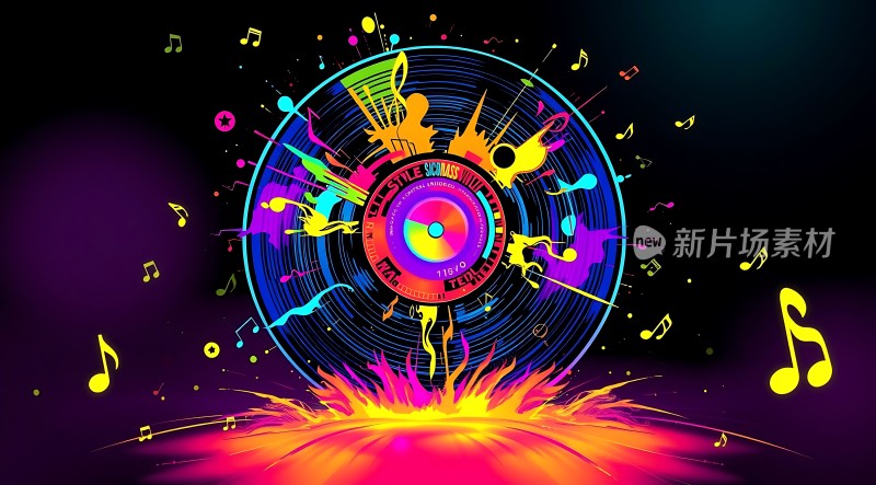 音乐风暴色彩斑斓的音符与唱片