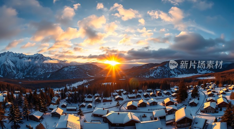 雪域晨曦阳光洒满小镇