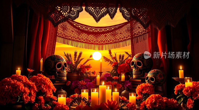 亡灵节祭坛骷髅与蜡烛的温馨对话